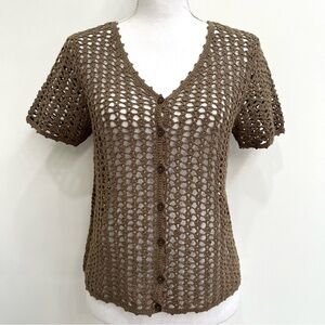 Vintage crochet knit cardigan sweater Olive green short sleeve festival boho S